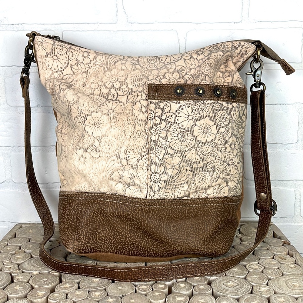 Myra Boho Brown Leather Floral Print Crossbody Canvas Bag